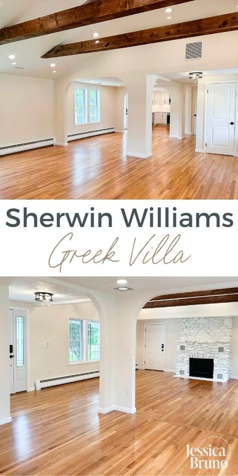 Sherwin Williams Greek Villa White Paint Color in a living room Greek Villa Living Room Walls, Greek Villa Walls, Greek Villa Paint Color, Greek Villa Paint, Neutral White Paint, Sherwin Williams Greek Villa, Painted Gray Cabinets, Benjamin Moore Linen White, Pure White Sherwin Williams