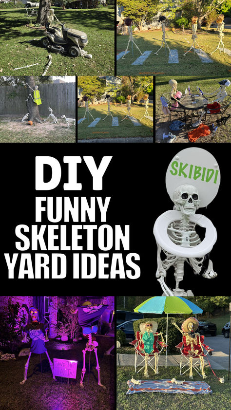 10 Hilarious Skeleton Yard Decorations to Make Your Halloween Unforgettable! Skeleton Poses Halloween Outdoor, Skeleton Posing Ideas, Skeleton Yard Ideas, Skeleton Ideas For Yard, Diy Skeleton Decor, Halloween Skeletons Yard Funny, Funny Skeleton Poses, Posing Skeletons, Skeleton Decorations Outdoor