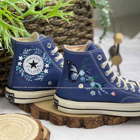 🌿 Love Embroidered Converse 🌿 ❤️ About Our Products: Each pair of shoes from our store is brand new and hand-embroidered to order. Please ensure you select the correct shoe size before checkout. The embroidery is durable and won't fade over time. ✨ Personal Expression: Showcase your unique style with custom embroidery! Contact me to create your own embroidered shoes with a private listing. I'll send you the design for approval before embroidering the shoes. Alternatively, you can design your p Converse Butterfly, Painted High Tops, Converse Custom Ideas, Butterfly Converse, Embroidered Converse High Tops, Butterfly Sneakers, Embroidered Shoes Converse, Design Converse, Shoe Embroidery