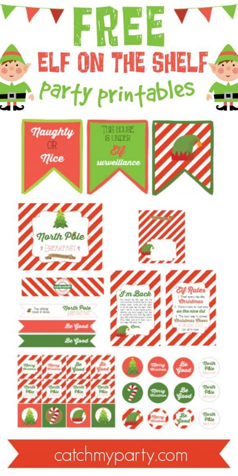 The holidays are almost here and preparations are in overdrive! Everyone's Elf is back on their shelf and a great way to welcome him back in style would be to host a family breakfast using these fun Elf on the Shelf North Pole Breakfast free printables. See more party ideas and share yours at CatchMyParty.com #catchmyparty #partyideas #elfontheshelf #elfontheshelfprintables #freeprintables #freechristmasprintables North Pole Breakfast Printables, Elf On The Shelf Party, Elf 2023, Elf Is Back, Free Holiday Printables, Elf Party, North Pole Breakfast, Christmas Elf Doll, Straw Flags