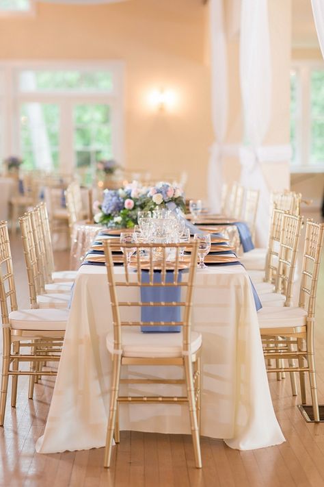 A periwinkle and gold wedding reception with chiavari chairs and blue napkins Periwinkle And Gold Wedding, Periwinkle Wedding Colors, Periwinkle Wedding Theme, Wedding Periwinkle, Periwinkle Wedding, Coastal Virginia, Gold Wedding Reception, Romantic Theme Wedding, Wedding Reception Planning