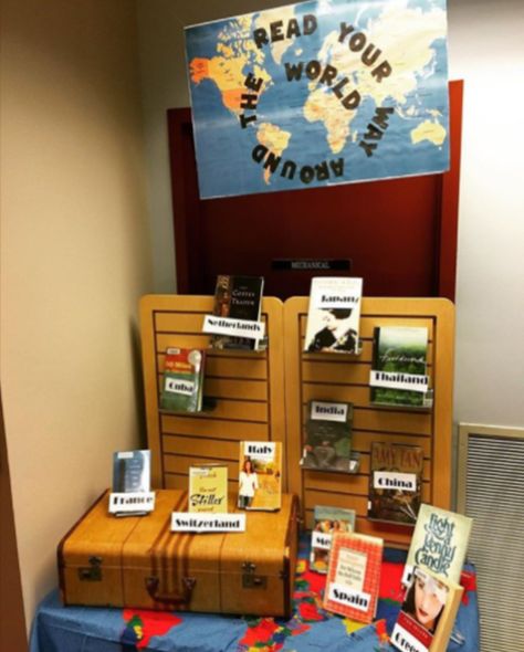 Travel around the world without ever having to leave your Reading Chair. Checkout our awesome display of books that take place in different countries 🌎🛩🛳🏔 #libraries #displays #traveling #aroundtheworld #librarydisplays Reading Journey Display, Adventure Awaits Library Theme, Travel The World Through Books Display, Where In The World Bulletin Board, Diverse Library Displays, India Book, World Library, Adventure Decor, Library Themes