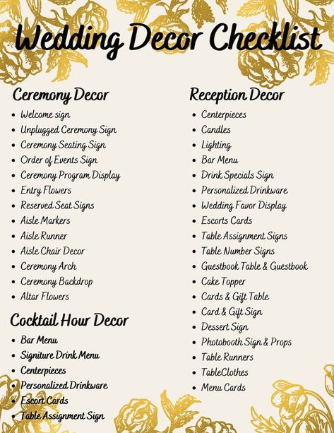 Wedding Decor Checklist - Etsy Eco Friendly Wedding Centerpieces, Wedding Program Ideas Reception, Cocktail Wedding Reception Decorations, Wedding Decor List, Cocktail Reception Wedding, Wedding Decor Checklist, Samoan Wedding, Reception Program, Cocktail Hour Decor