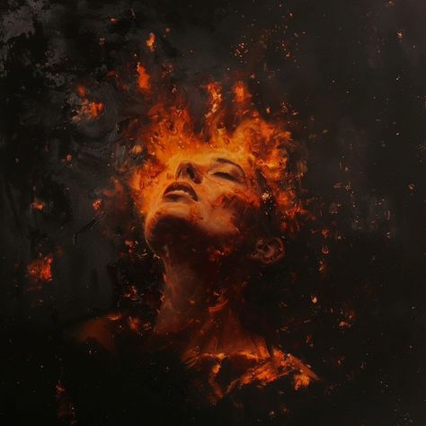 #art #aethestic #fire Fire In Hand Aesthetic, Woman On Fire Painting, Fire Spirit Art, Fire In Eyes, Fire Goddess Art, Fire Art Drawing, Forest Fire Art, Burning Aesthetic, Fire Paintings