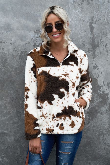 Sweatshirt Women Casual, Leopard Fashion, Zip Collar, White Cow, Print Pullover, Cow Print, White Sweatshirt, Women Pullover, Printed Sweatshirts