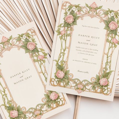 This exquisite wedding invitation features a classic Art Nouveau design adorned with beautiful pink roses and lush green foliage. The front of the card showcases delicate floral patterns intertwined with elegant scrollwork in soft pastel shades of pink, green, and cream. The intricate details and vintage-inspired design create a timeless and romantic feel, perfect for a sophisticated wedding celebration. The back of the invitation continues the floral theme, highlighting the wedding date with a graceful arrangement of roses and leaves. This invitation is ideal for couples looking for a blend of traditional elegance and artistic charm. Green And Pink Wedding Aesthetic, Pink And Green Invitations, Pastel Debut Theme, Pastel Pink And Green Wedding Theme, Pink Invitations Wedding, Green And Pink Invitation, Pink Green Wedding Theme, Pink And Green Wedding Decor, Pink And Mint Green Wedding