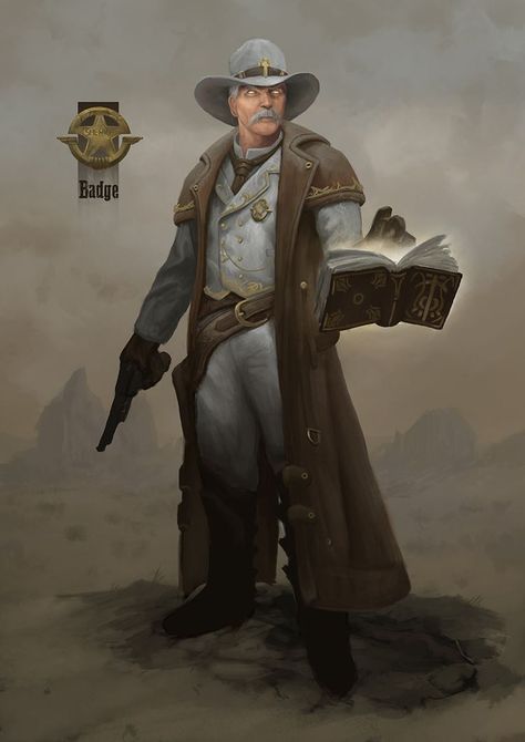 Western Sheriff Character Design, Wild West Gunslinger Art, Dnd Wild West Character Art, Evil West Concept Art, Wild West Priest, Weird West Character Design, Fantasy Western Art, Arcane Gunslinger, Western Fantasy Art