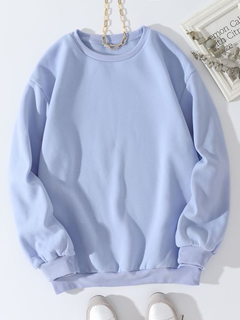 Solid Drop Shoulder Thermal Lined Sweatshirt | SHEIN USA Blue Lilac, Round Neck Sweatshirts, Looks Street Style, Round Neck Sweaters, Loose Tops, Brown Fashion, Casual Fits, Denim Women, Sweatshirts Women