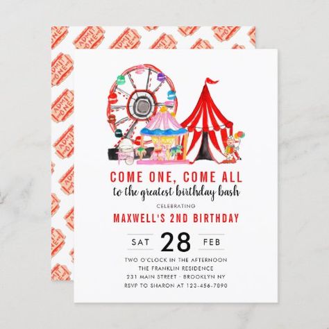 Budget Carnival Circus Show Birthday Invitation for $1.27 - Birthday Invitations Carnival Birthday Invitations, Circus Birthday Party Theme, Theme Carnaval, Come One Come All, Circus Show, Carnival Circus, Carnival Themed Party, Children Party, Circus Birthday Party