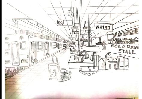 1 Point Perspective Drawing, Train Sketch, Train Scene, 1 Point Perspective, Figure Sketches, Perspective Sketch, Drawing Architecture, Window Drawing, Perspective Drawing Architecture