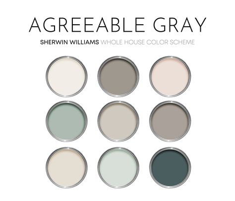 This listing is for an Agreeable Gray paint palette, created with Sherwin Williams paint colors. I have carefully selected a range of 9 colors for this palette, and included options for walls, trim, furniture, cabinets and doors.  Sherwin Williams has hundreds of paint colors, each with their own unique undertones. This can make choosing the right paint colors hard. The colors in this collection were carefully selected to coordinate with each other - this makes choosing the right paint colors a Agreeable Grey Color Scheme, Grey Paint Palette, Interior Design Color Palette, Sherwin Williams Greige, Anew Gray Sherwin Williams, Gray Sherwin Williams, Neutral Interior Paint Colors, Builder Brigade, Design Color Palette