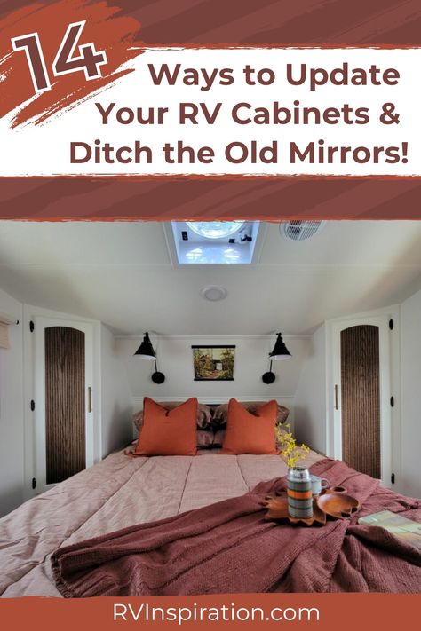 RV cabinets are often the cause for wanting to renovate a camper. But one other thing RVers tend to hate? The mirrors built into the RV cabinets. In this article, we're tackling the pesky problem of what to do with those RV cabinet mirrors! We have solutions for covering, replacing, or updating your RV cabinet mirrors to reflect your personal style. Check out our 14 ways to cover your RV cabinets and ditch the old mirrors for good! #rvrenovation #rvinspiration Rv Cabinets, Rv Inspiration, Rv Redo, Rv Dreams, Camper Organization, Old Mirrors, Diy Rv, Rv Renovations, Camper Renovation