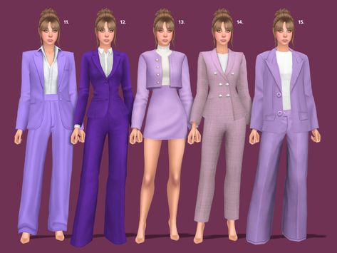 THE SIMLINE — A purple pantsuit with gold or white buttons and a... Sims 4 Female Suit Cc, Sims 4 Cc Suits Female, Sims 4 Purple Cc, Sims 4 Cc Blouse, Purple Pantsuit, Purple Suits, Work Suits, Cc Sims, Sims 4 Clothing