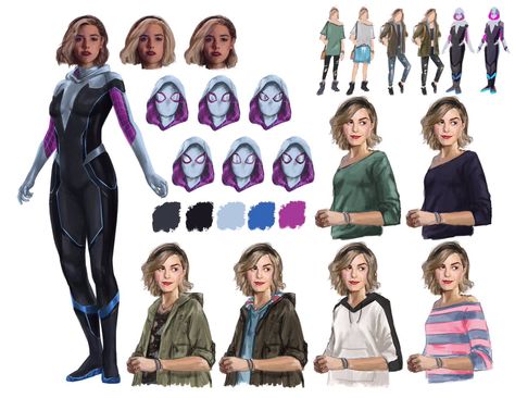 Spider Gwen Suit, Into The Spiderverse Concept Art, Gwen Stacy Into The Spiderverse, Spiderverse Concept Art, Suit Concept Art, Character Exploration, Into The Spiderverse, Dc Comics Women, Man Sketch