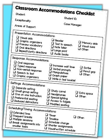 Classroom Accommodations Checklist for Special Education Students Classroom Accommodations Checklist, Accommodations Checklist For Teachers, Inclusion Classroom Setup, 504 Accommodations Cheat Sheets, Classroom Accommodations, Special Education Accommodations, Educational Diagnostician, Student Checklist, High School Special Education Classroom