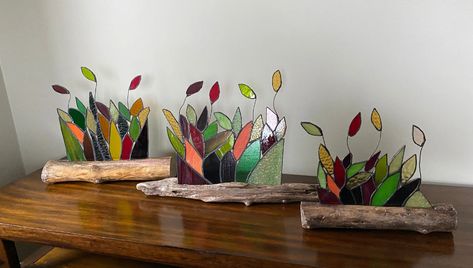 Rustic Stained Glass Autumn Leaves Mantlepiece Art Inlaid on | Etsy Vitromosaico Ideas, Leaves Artwork, Copper Foil Tape, Gladiolus Flower, Leaf Artwork, Rustic Autumn, Stained Glass Decor, Custom Stained Glass, Car Wax