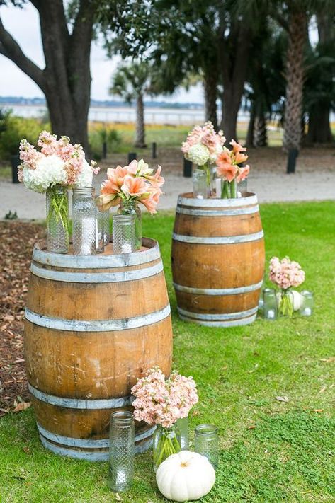 DIY Whiskey Barrel + 15 Whiskey Barrel Wedding Ideas Diy Whiskey Barrel, Wine Barrel Wedding, Whiskey Barrel Wedding, Barrel Wedding, Wedding Alters, Peach Wedding Flowers, Barrel Decor, Mason Jar Candles, Ceremony Flowers