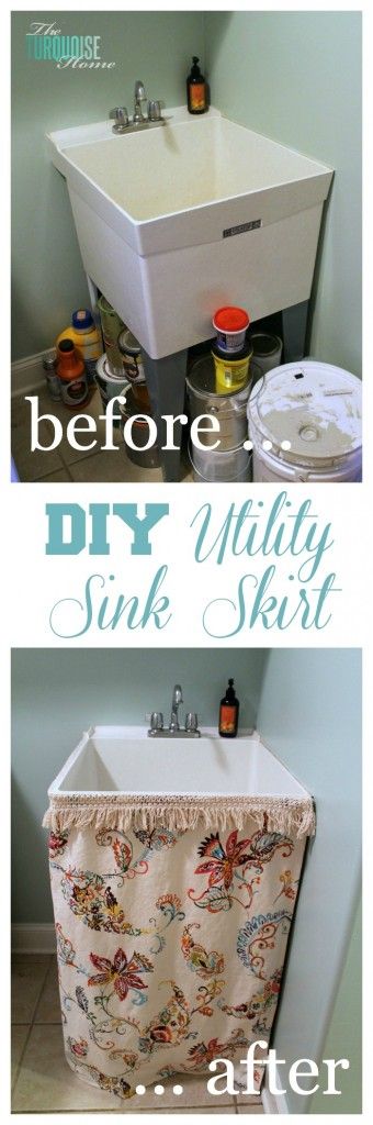 How-to-pretty-up-a-utility-sink-collage-2 Diy Utility Sink, Utility Sink Skirt, Sink Makeover, Pool Organization, Utility Sinks, Traditional Laundry Room, Sink Skirt, Laundry Room/mud Room, Rustic Laundry Rooms