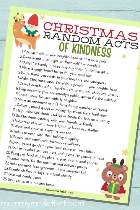 25 Random Acts of Kindness for Christmas Free printable. These are great to help kids to show some kindness this holiday season. Make A Gingerbread House, Christmas Bucket List, Christmas Bingo, Christmas Bucket, Writing Thank You Cards, Christmas Stockings Diy, White Elephant Gifts Exchange, Toys For Tots, Family Holiday Photos