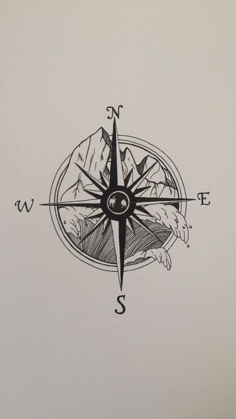 #compass #purpose #tattoo Compass With Waves Tattoo, Mountain And Mandala Tattoo, Compass Nature Tattoo, Compass Doodle, Minimalist Compass Tattoo, Sextant Tattoo, Diana Tattoo, Kurt Tattoo, Purpose Tattoo