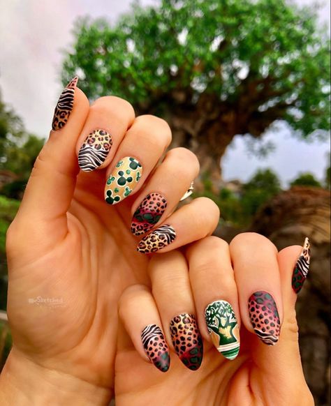 Disney Animal Kingdom Nails, Magic Kingdom Nails, Animal Kingdom Nails, Safari Nails, Mouse Nails, Mickey Mouse Nails, Minnie Mouse Nails, Disney Nail, Nail Art Disney