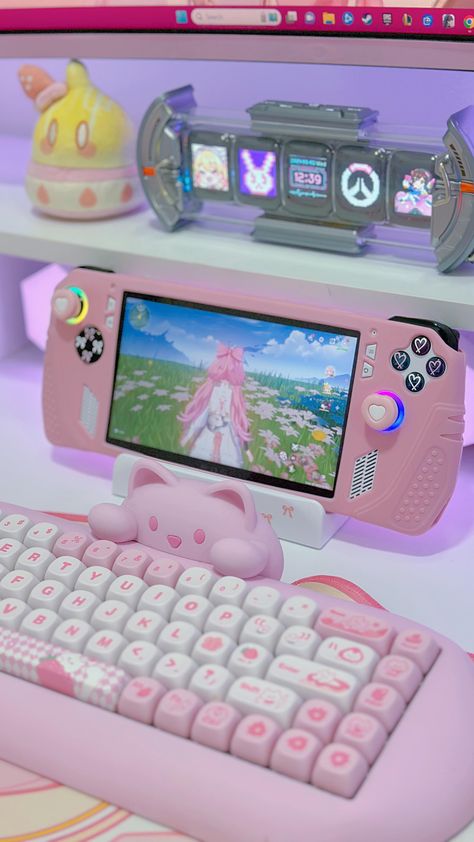 Rog Ally Aesthetic, Gaming Aesthetic Wallpaper, Ally Aesthetic, Gaming Entertainment Center, Gaming Aesthetic, Rog Ally, Nintendo Switch System, Stationery Obsession, Pink Games