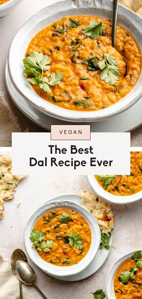 Cozy and nourishing dal made with yellow moong dal, warming spices, creamy coconut milk and a boost of veggies from fresh spinach. This beautiful dal recipe is packed with plant-based protein and fiber for the perfect, satisfying meal! #dal #indianfood #vegandinner #veganrecipe #vegetarianrecipe #plantbased #veganlunch Moong Dahl Recipe, Chana Dal Recipes, Slow Cooker Dal, Urad Dal Recipes, Dahl Recipe, Lentil Dal, Ambitious Kitchen, Dal Recipe, Moong Dal