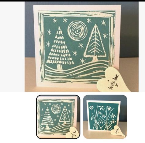 Lino Cut Christmas Tree, Christmas Tree Linocut, Lino Print Christmas Card Ideas, Christmas Print Making, Lino Cut Christmas Card Ideas, Tree Lino Print, Christmas Linocut Ideas, Linocut Christmas Cards, Lino Cut Christmas Cards