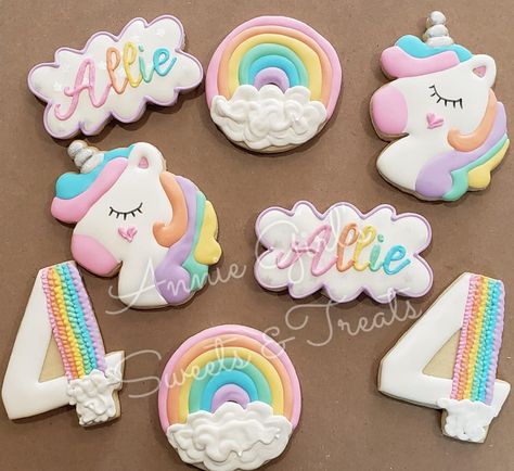 Rainbow Sugar Cookies, Combined Birthday Parties, Rainbow Unicorn Birthday Party, Unicorn Birthday Party Decorations, Cookie Decorations, Rainbow Unicorn Party, Royal Iced Cookies, Sugar Cookie Royal Icing, Unicorn Cookies