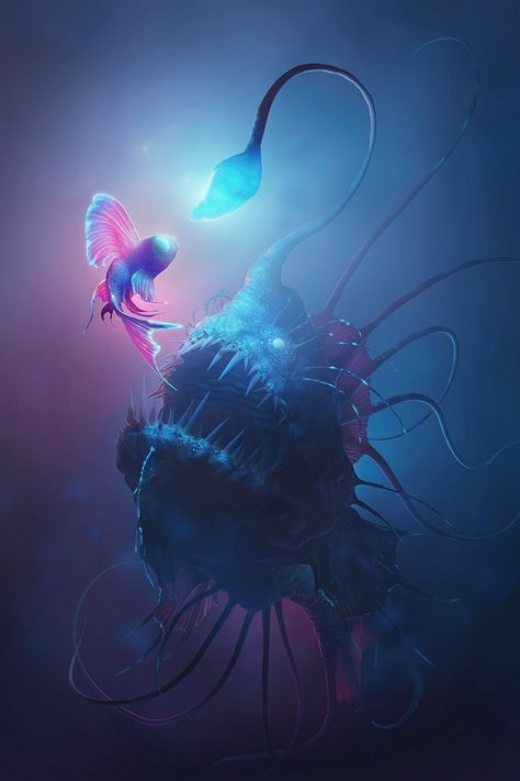 Mors Vincit Omnia Angler Fish Fantasy Art, Angler Fish Wallpaper, Bioluminescent Creature Concept Art, Magical Sea Creatures, Angler Fish Aesthetic, Deep Sea Creatures Drawings, Deep Ocean Fish, Angler Fish Photography, Bioluminescence Fish