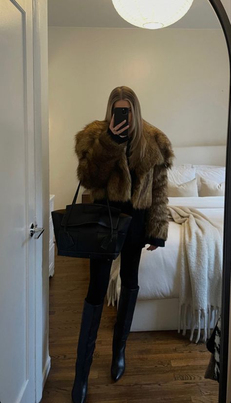 Fur coat outfit Black Coat Night Outfit, Tan Fur Jacket Outfit, Kendall Jenner Fur Coat, Brown Fur Coat Aesthetic, Fur Bolero Outfit, Brown Fur Outfit, Short Black Fur Coat Outfit, Cropped Fur Coat Outfit, Beige Fur Coat Outfit