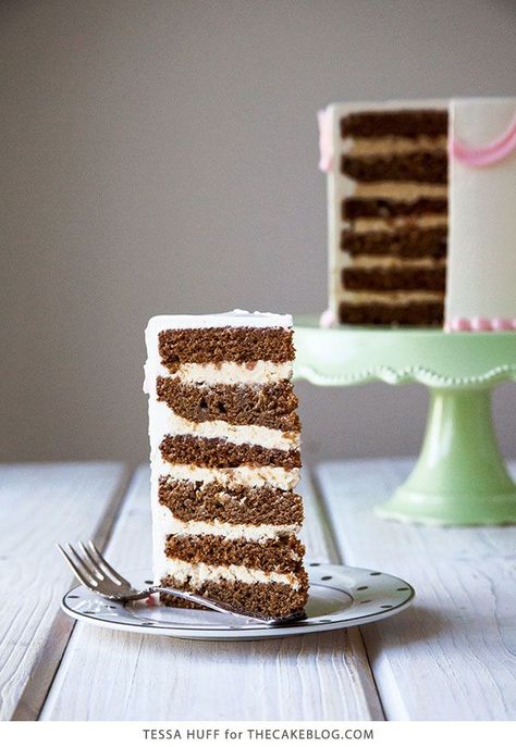 Gingerbread Latte Cake! Gingerbread cake, espresso buttercream and toffee bits, perfect for holiday parties and Christmas dessert | by Tessa Huff for TheCakeBlog.com Gingerbread Latte Cake, Cake Recipe With Oil, Espresso Buttercream, Latte Cake, Toffee Crunch, Gingerbread Latte, Toffee Bits, Cake Blog, Gingerbread Cake