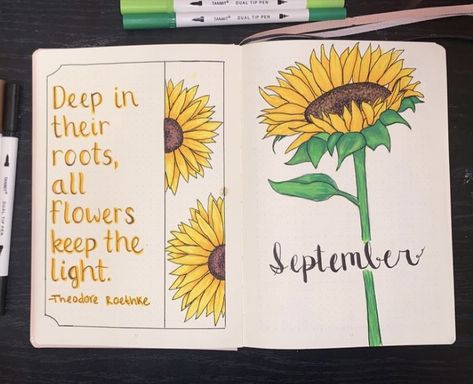 Sunflower Bullet Journal Theme, Sunflower Bujo, Sunflower Bullet Journal, Sunflower Scrapbook, July Bujo, Beautiful Flower Quotes, Doodle Planner, September Quotes, تزيين دفاتر