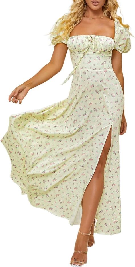 Women's Summer Puff Sleeve Floral Print Split Maxi Dress Flowy A Line Casual Beach Long Dresses White-L at Amazon Women’s Clothing store Maxi Dress Flowy, Maxi Dress Boho, Amazon Dresses, Long Beach Dress, Dress Flowy, Split Maxi Dress, Flowy Maxi Dress, Floral Sundress, Fairy Costume