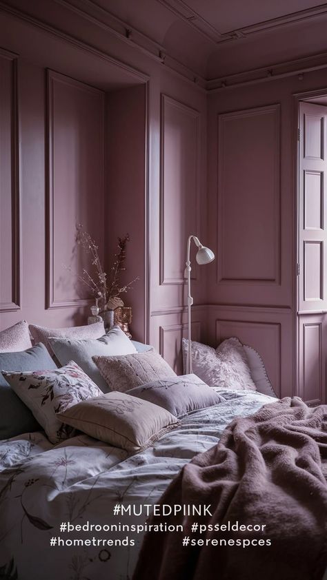 A serene bedroom with muted pink walls, complemented by light furniture and soft bedding in neutral tones, creating a peaceful retreat. Rose Colored Walls, Mauve Pink Bedroom, Muted Pink Bedroom, Mauve Walls, Crib Ideas, Pink Bedroom Walls, Rose Bedroom, Room Vibes, Relaxing Space