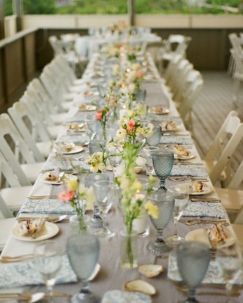 Beautiful long head table for Cape Cod wedding. Paisley light blue napkins, blue water goblets, and bud vases brought this vision to life. Blue Water Goblets, Wedding Head Table, Wedding Goblets, Head Table Wedding, Blue Napkins, Cape Cod Wedding, Head Table, Long Table, Water Goblets