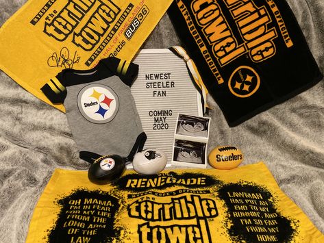 Steelers pregnancy announcement idea #steelers #pregnancy Steelers Nursery, Football Pregnancy Announcement, Steelers Baby, Pregnancy Announcement Template, Pittsburg Steelers, Gender Reveal Decorations, Football Themes, Pregnancy Announcements, Steelers Fan