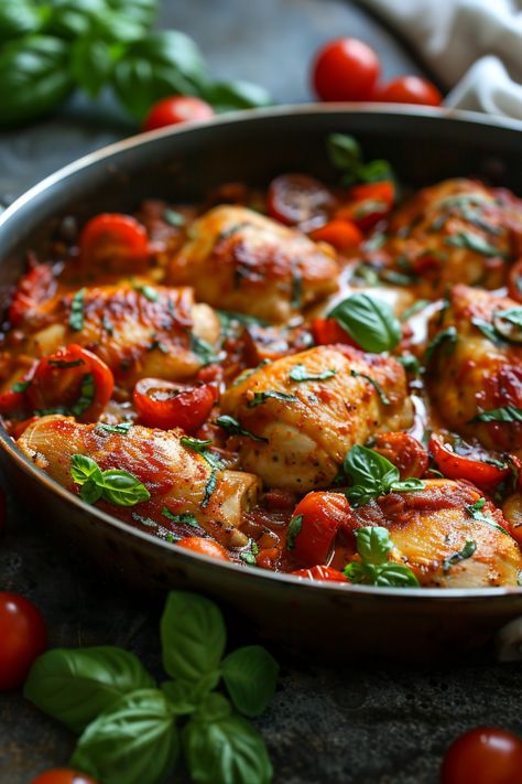 Roasted chicken thighs with cherry tomatoes and fresh basil in a skillet. Chicken Tight Fillet Recipes, Dinner Options For Family, Chicken Tight Recipe Easy Healthy, Healthy Skillet Dinners, Italian Chicken Recipes Easy, Mediterranean Salads, Whole Chicken Recipe, Comforting Dinner, Cooking Whole Chicken