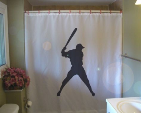 Bathroom Decor Kids, Girls Shower Curtain, Kid Bathroom Decor, Baseball Room, Painting Shower, Boys Bathroom, Shower Rod, Shower Curtain Rings, Curtains With Rings