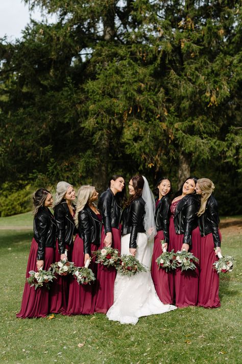 Wedding Dresses With Jackets, Leather Jacket Bridesmaid, Bridesmaids Leather Jackets, Red Bridesmaid Dresses Winter, Black And Red Bridesmaid Dresses, Leather Jacket Wedding Dress, Autumn Wedding Dress Bridesmaid, Red Bridesmaid Dresses Short, Wine Red Bridesmaid Dresses