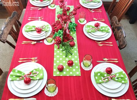 Grinch Inspired Christmas Table Setting Grinch Christmas Decorations Table, Grinch Themed Table Decorations, Grinch Christmas Dinner Table, Grinchmas Table Setting, Grinch Tablescape Table Decorations, The Grinch Table Setting, Grinch Dining Table, Grinch Christmas Table Setting, Grinch Christmas Table Decor