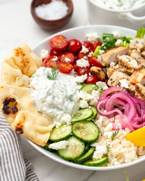 Greek Chicken Bowls With Tzatziki, Greek Buddha Bowl, Chicken Tzatziki Bowl, Tzatziki Bowls, Tzatziki Bowl, Grilled Chicken Tenderloins, Greek Bowls, Recipe With Tzatziki, Greek Bowl