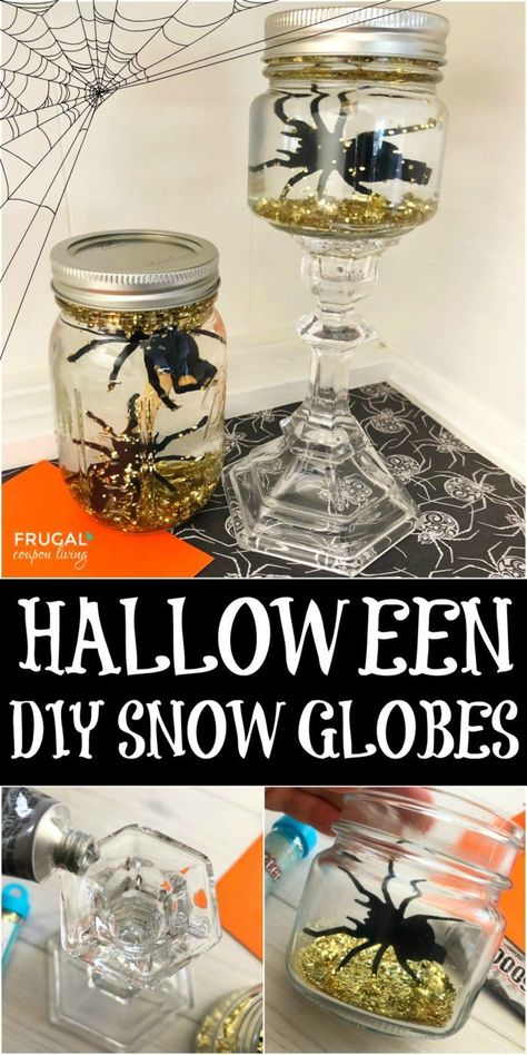 Halloween Mason Jars Diy, Jar Snow Globes, Mason Jar Snow Globe, Homemade Snow Globes, Homemade Snow, Spooky Halloween Crafts, Halloween School Treats, Jars Snow, Halloween Mason Jars