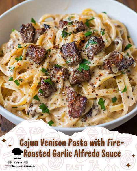 Indulge in the rich flavors of Cajun venison pasta with creamy fire-roasted garlic Alfredo sauce. A perfect mix of spice, creaminess, and hearty goodness! Roasted Garlic Alfredo Sauce Recipe, Garlic Alfredo Sauce Recipe, Venison Pasta, Garlic Alfredo Sauce, Luscious Recipes, Alfredo Sauce Recipe, Wild Game Recipes, Venison Recipes, Alfredo Pasta