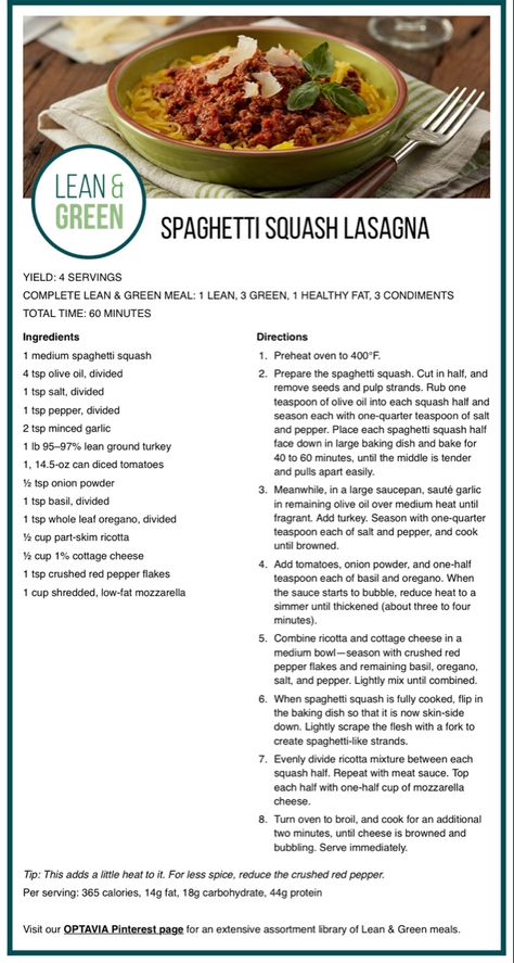 Optavia Spaghetti Squash, Optavia Spaghetti, Lean Dinners, Medifast Recipes, Spaghetti Squash Lasagna, Squash Lasagna, Lean Protein Meals, Green Spaghetti, Lean And Green