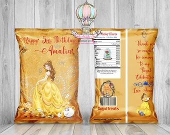 Belle princess cookie | Etsy Beauty And The Beast Chip, Disney Princess Theme Party, Beauty And The Beast Quince, Chip Bag Template, Belle Princess, Princess Cookies, Beauty And Beast, Yellow Kids, Beauty And The Beast Party