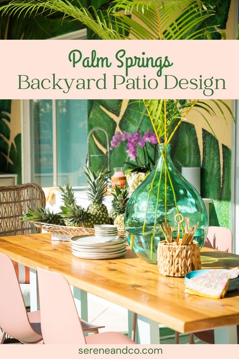 A Palm Springs Inspired Backyard Pool and Patio Design Retro Pool Decor, Palm Springs Patio Ideas, Palm Springs Outdoor Patio, Palm Springs Patio Outdoor Spaces, Vintage Palm Springs Party, Palm Springs Backyard Ideas, Palm Springs Pool Style, Palm Springs Decor Interiors, Palm Springs Color Palette