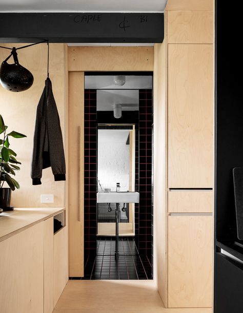 Colored Plywood, All Black Kitchen, Micro Apartment, Japanese Interiors, Studio Apartment Layout, Japanese Interior Design, Apartment Renovation, Apartment Layout, Studio Apartments