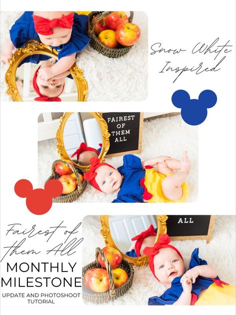 Disney snow white baby milestone photoshoot tutorial and update Snow White Monthly Milestone, Snow White Milestone, Disney Princess Monthly Milestone, Disney Baby Monthly Photos, Disney Milestone Pictures, Disney Monthly Baby Pictures, Disney Princess Monthly Baby Pictures, Snow White Baby Photoshoot, Baby Milestone Picture Ideas