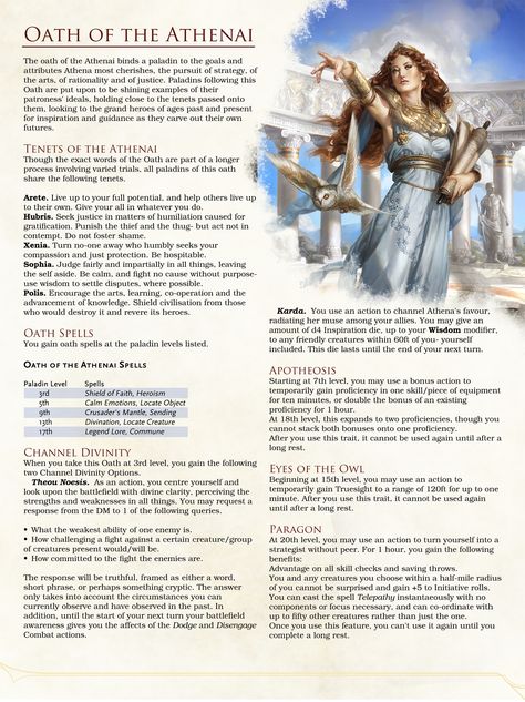 Oath of the Athenai Homebrew Paladin Oath of Athena I would like thoughts on. Paladin Homebrew, 5e Paladin, Dnd Archetypes, Paladin Oath, Greek Mythology Stories, Homebrew Classes, Dnd Paladin, Dungeons And Dragons Rules, Dragons 5e